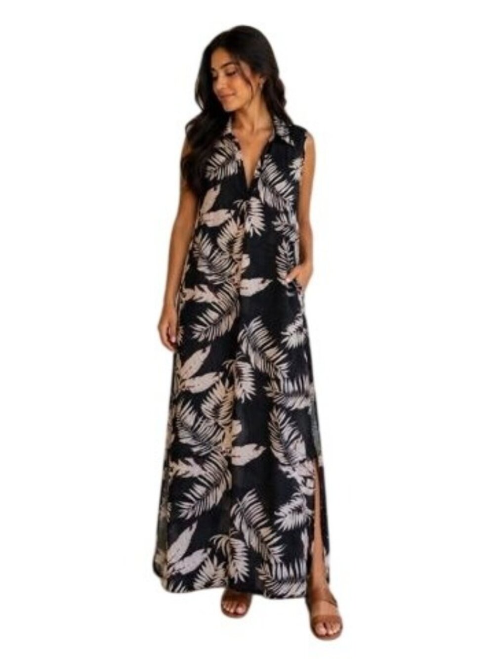 Cupshe Womens Sleeveless Black & White Tropical Leaf Print Cover-Up Dress XL